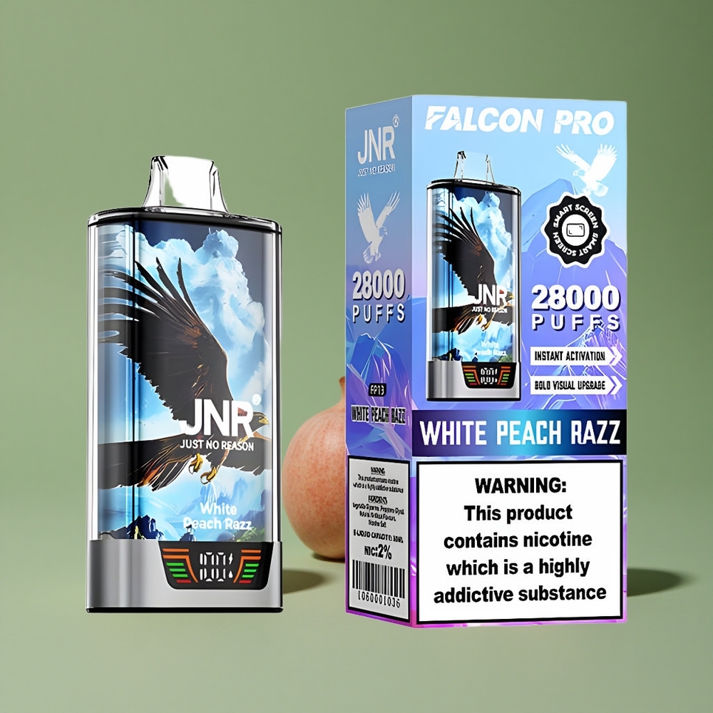 Hvid fersken hindbær JNR Falcon Pro 28000 Pust 30ml forfyldt kapacitet 5% nikotinstyrke Denmark vape