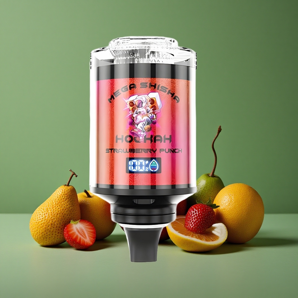 Jordbær Punch JNR Mega Shisha Hookah 100000 Pust 60ml e-væske kapacitet 2200mAh genopladeligt batteri Denmark vape