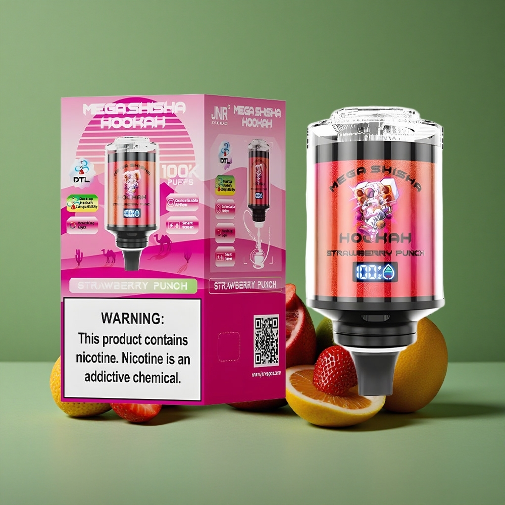 Jordbær Punch JNR Mega Shisha Hookah 100000 Pust 60ml e-væske kapacitet 2200mAh genopladeligt batteri Denmark vape