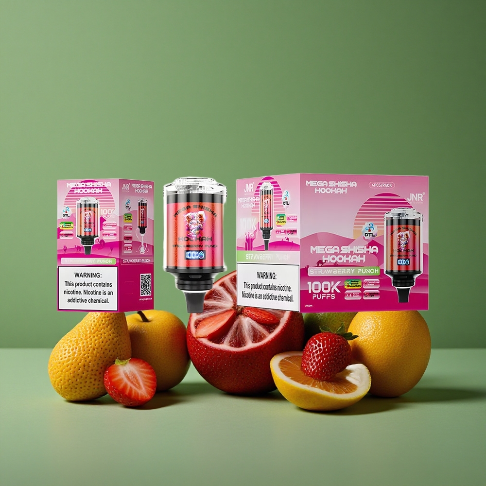 Jordbær Punch JNR Mega Shisha Hookah 100000 Pust 60ml e-væske kapacitet 2200mAh genopladeligt batteri Denmark vape