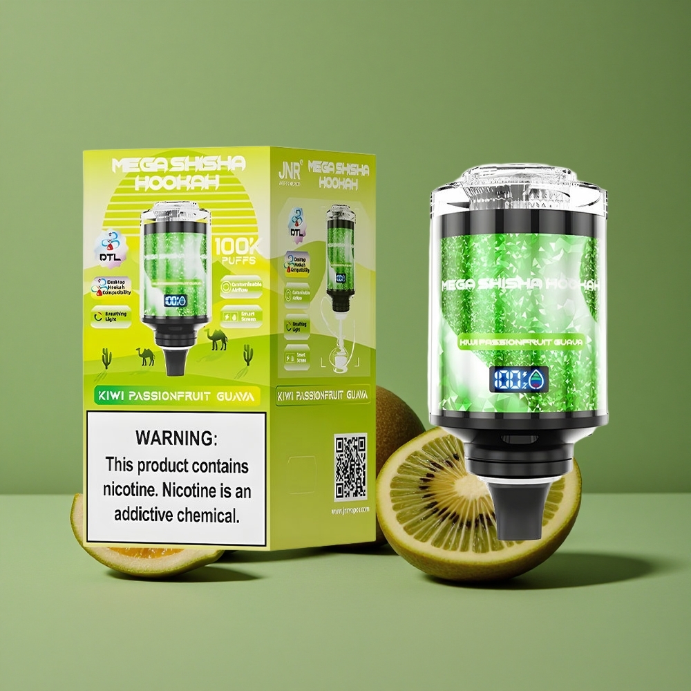 Kiwi Passionsfrugt Guava JNR Mega Shisha Hookah 100000 Pust 60ml e-væske kapacitet 2200mAh genopladeligt batteri Denmark vape