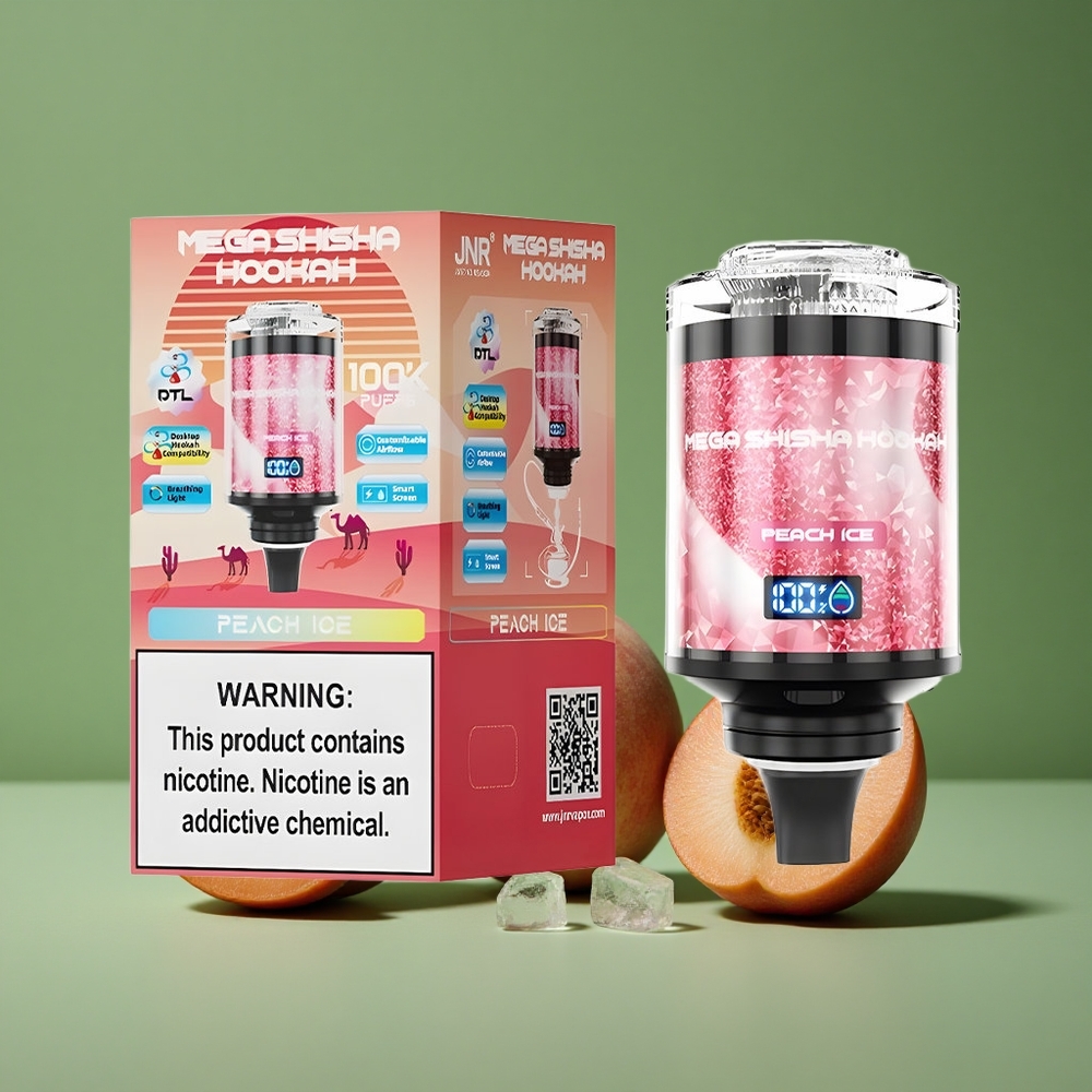 Peach Is (fersken is) JNR Mega Shisha Hookah 100000 Pust 60 ml e-væske kapacitet Denmark vape