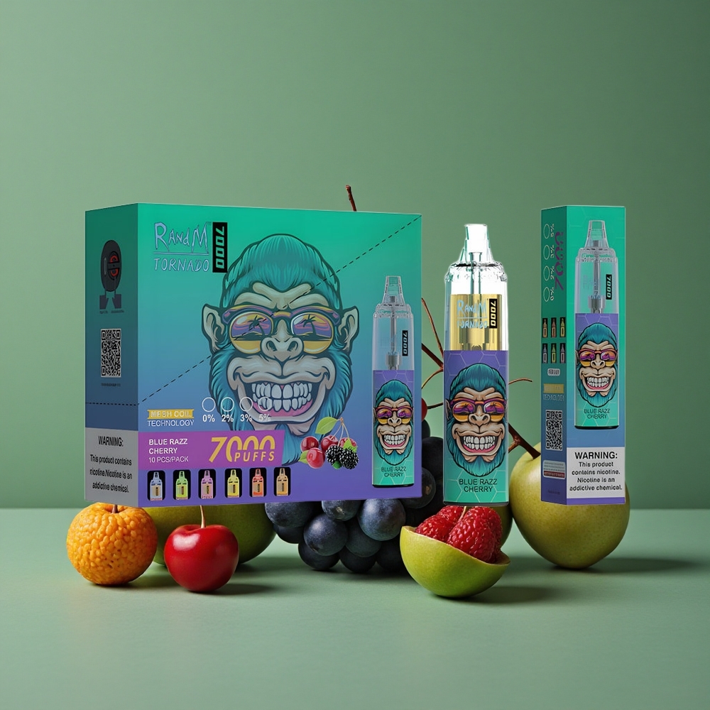 Blå hindbær kirsebær RandM Fumot Tornado 7000 puste 14 ML e-væske Denmark vape