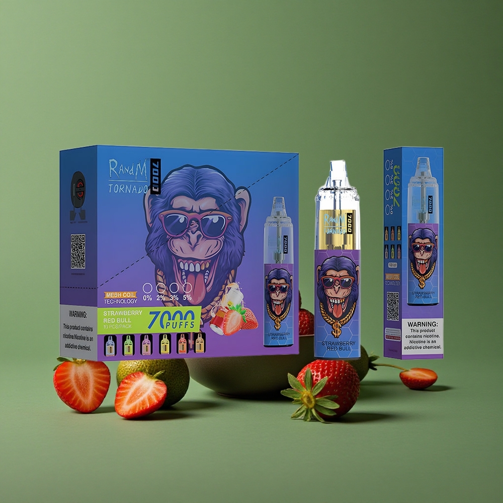 Jordbær Rødt Okse RandM Fumot Tornado 7000 Puffs 14 ML E-liquid 850 MAH Batteri Denmark vape