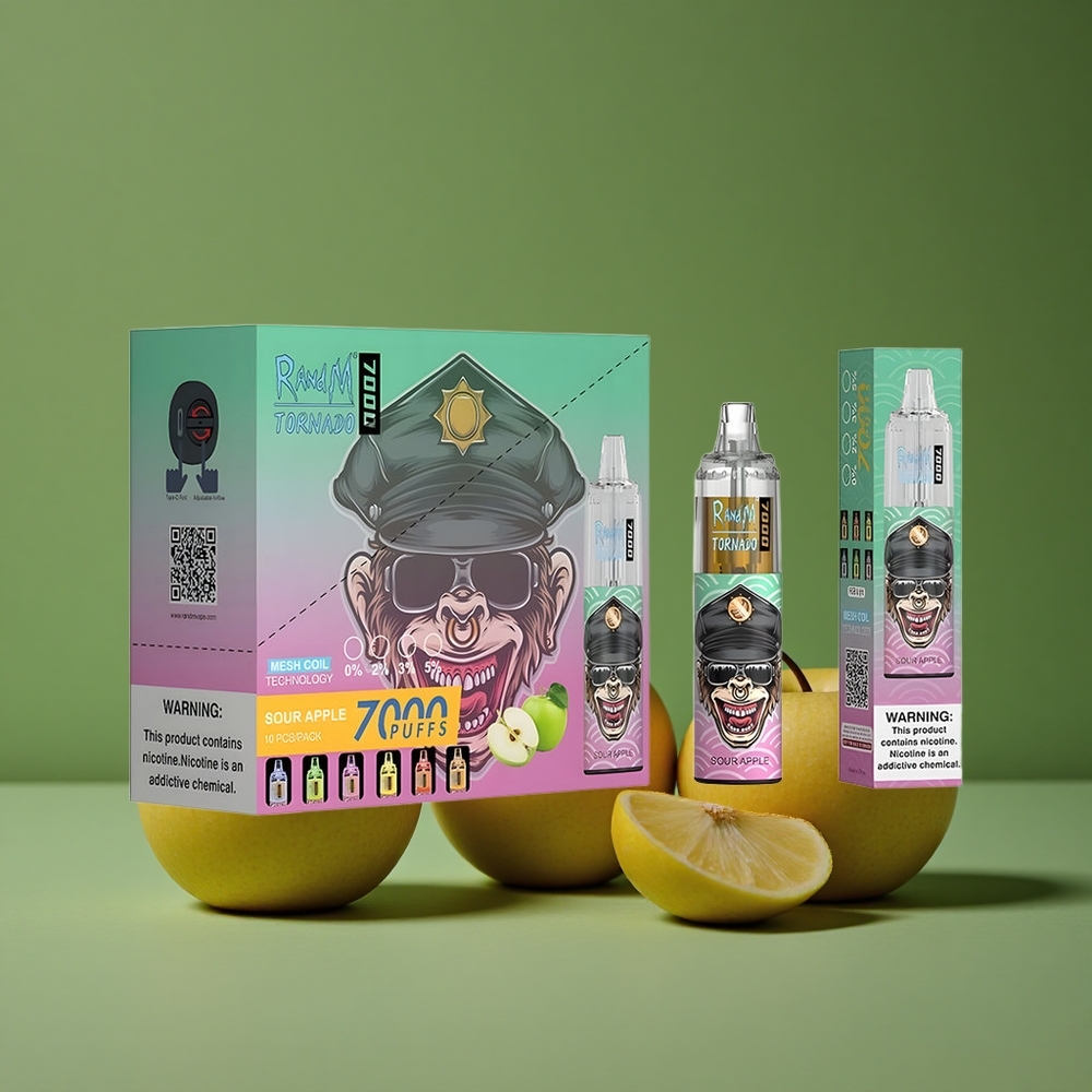 Sure Apple RandM Fumot Tornado 7000 Puffs 14 ML E-væske 850 MAH Batteri Denmark vape