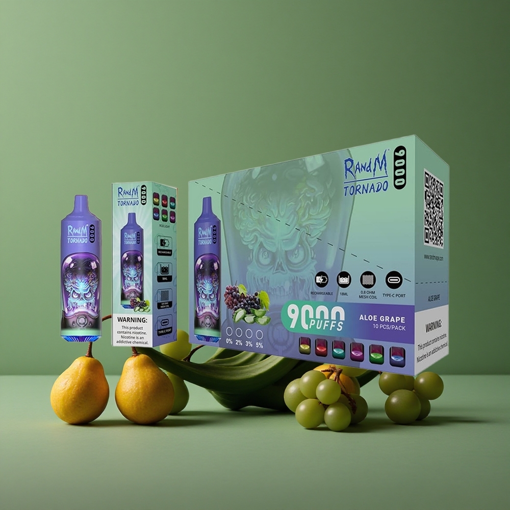 Aloe Grape RandM Tornado 9000 Puffs 18 mL E-væske Kapacitet Mesh Coil Denmark vape