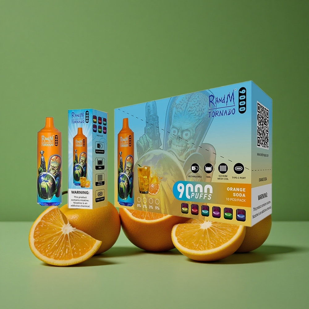 Appelsin Sodavand RandM Tornado 9000 Puffs 850 mAh Genopladelig 18 mL Denmark vape