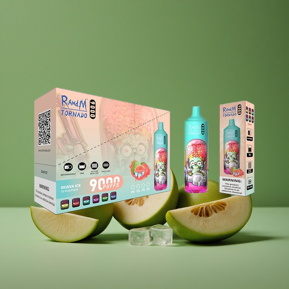 Guava Is (Guava Is) RandM Tornado 9000 Puffs 18 mL E-væske Kapacitet Mesh Coil Denmark vape