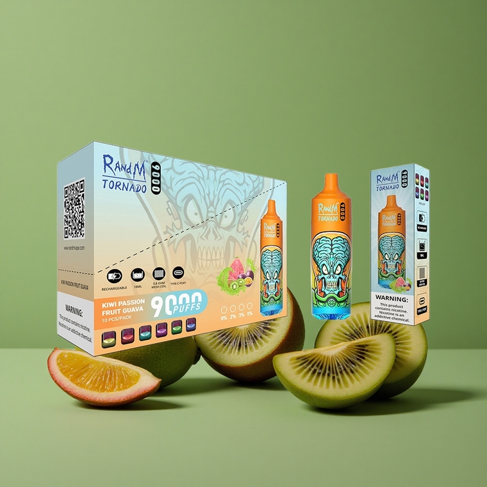 Kiwi Passionfrug Guava RandM Tornado 9000 Puffs 18 mL E-væske Kapacitet Mesh Coil Denmark vape