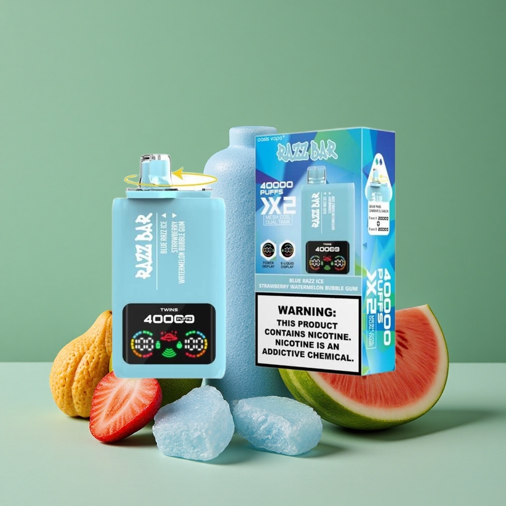 Blå Hindbær Is-Jordbær Vandmelon Bobbelgum Razz Bar 40000 Puffs Skærmdisplay 1,0 Ohm 2 Mesh Coil Denmark vape