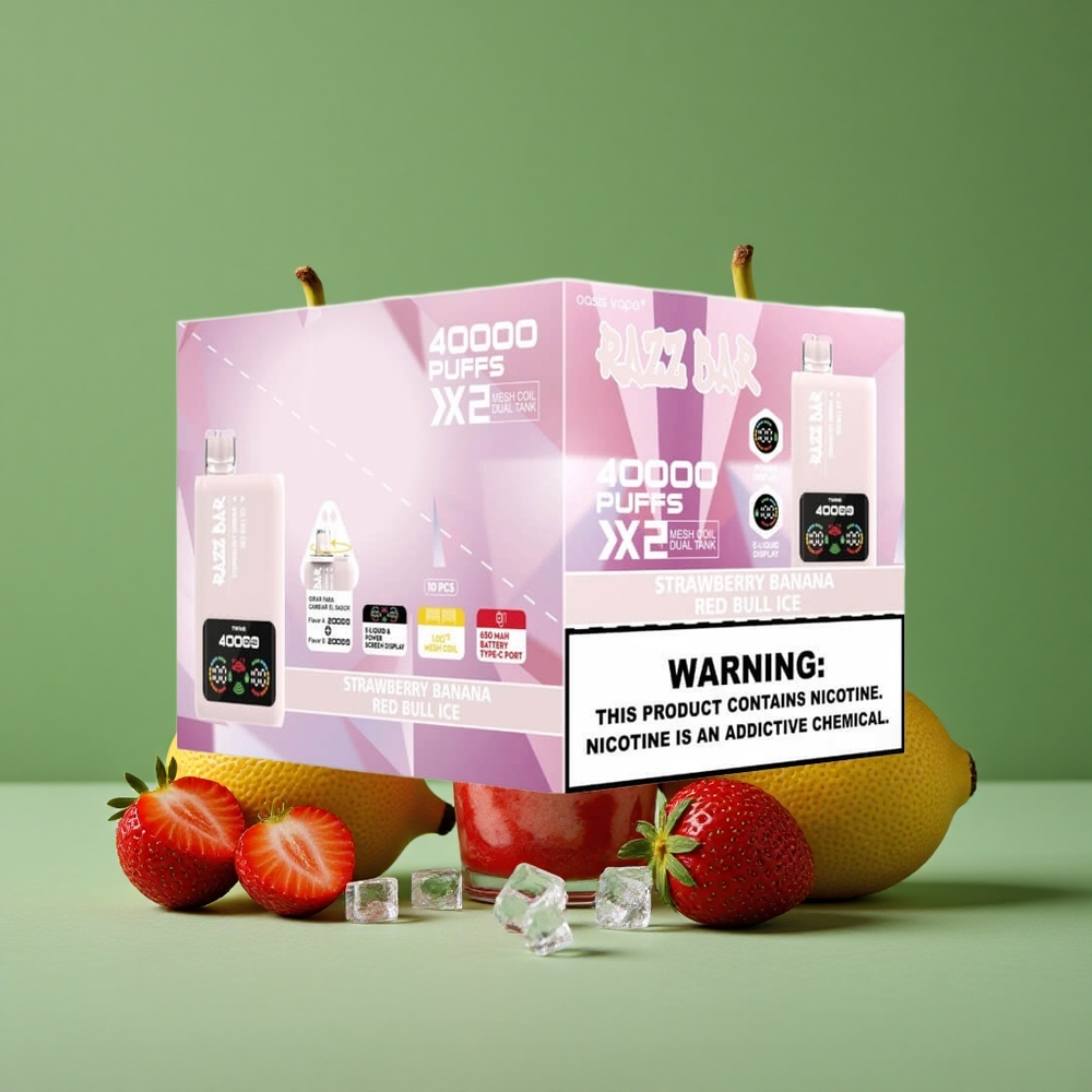 Jordbær Banane Red Bull Is Razz Bar 40000 Pust Op Til 40000 Puffs 1.0Ohm 2 Mesh Coil Denmark vape