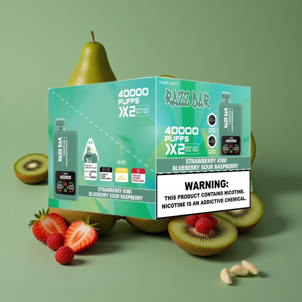 Jordbær Kiwi_Blåbær Sur Hindbær Razz Bar 40000 Puffs 1.0Ohm 2 Mesh Coil 650 Mah Batteri Type-C Port Denmark vape