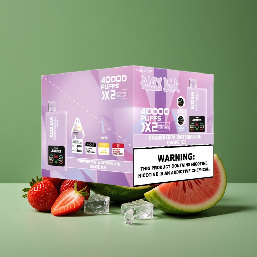 Jordbær Vandmelon Drue Is Razz Bar 40000 Puffs 1.0 Ohm 2 Mesh Coil 650 Mah Type-C Port Denmark vape