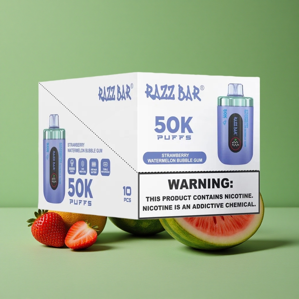 Jordbær Vandmelon Bobletyggegummi Razz Bar 50000 Pust Op til 50000 Puffs 2% Nikotinindhold Denmark vape