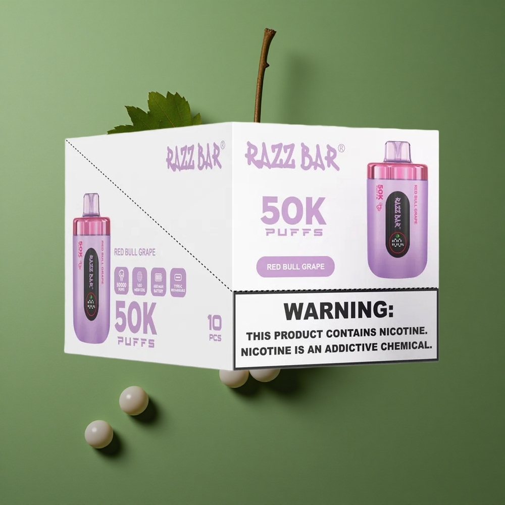 Rød Tyr Druk (Red Bull Grape) Razz Bar 50000 Pust (50K Puffs) 1.0 Ohm Mesh Coil Denmark vape