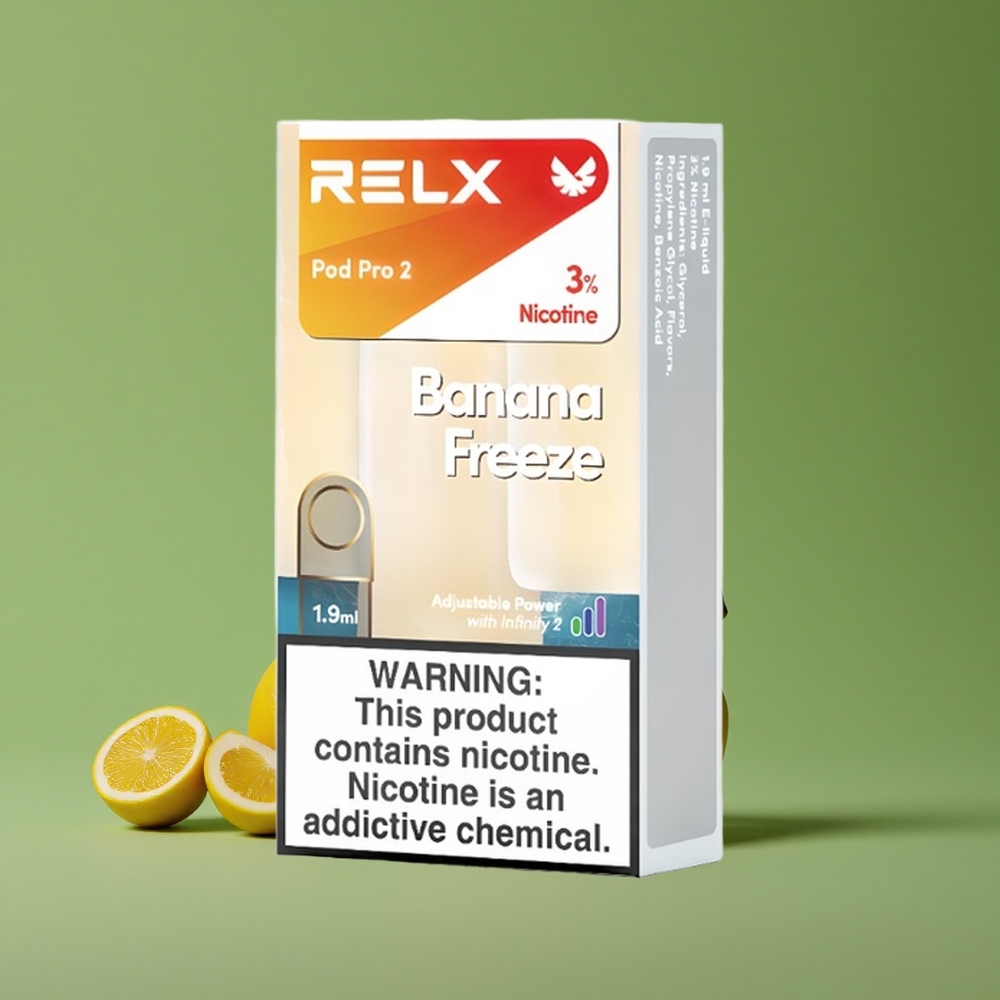 Banana Frost RELX Pod Pro 2 600 puff Nicotinindhold:3% Vape Kapacitet:1.9ml Denmark vape