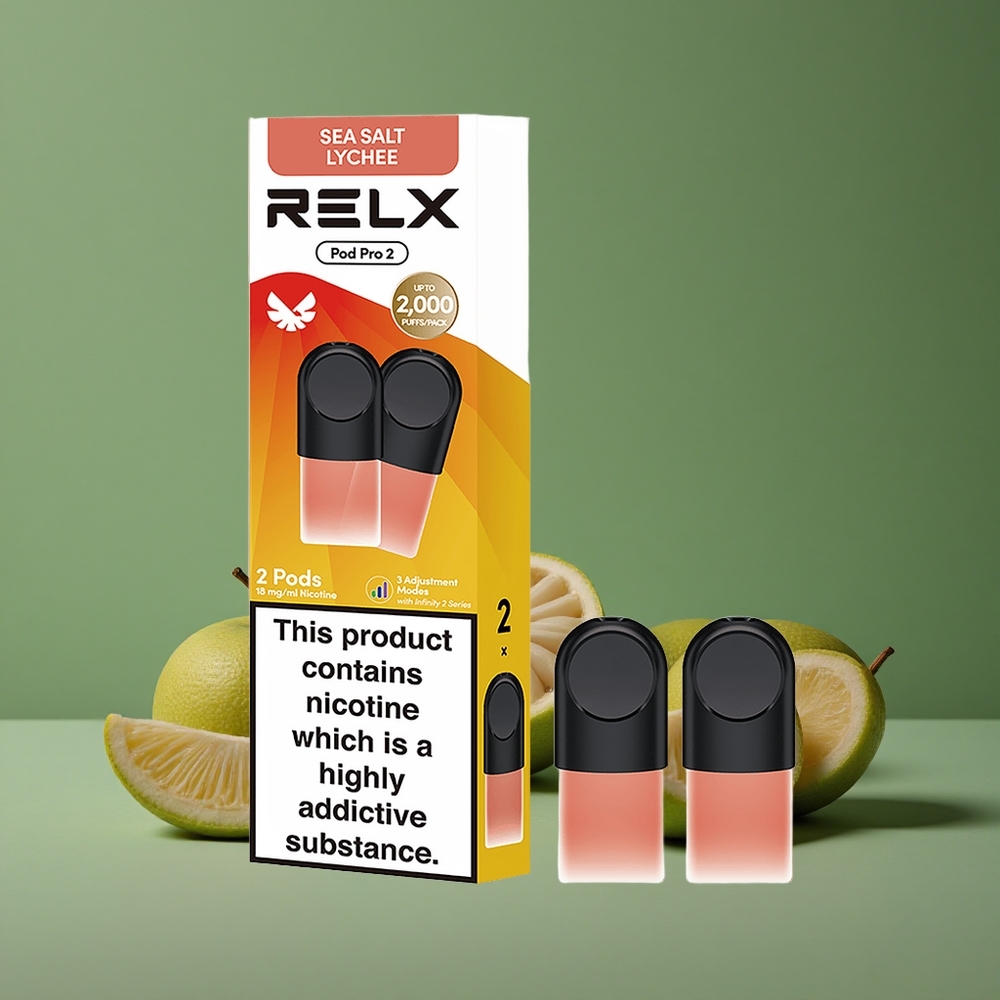 Litchi Havsalt Relx Pod Pro 2 600 puff Nikotinindhold: 1,8% Denmark vape
