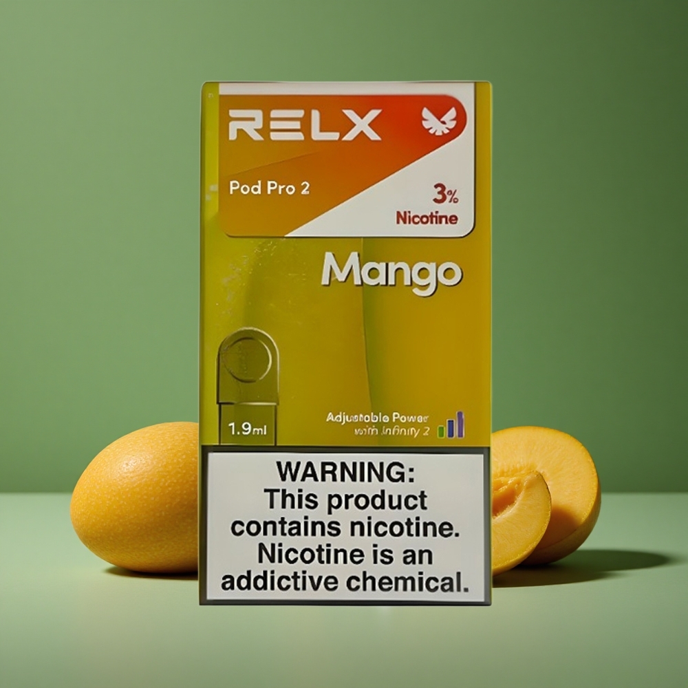 Mango Is RELX Pod Pro 2 600 puff 3% nikotin 1.9ml 3 spændingsjusteringer Denmark vape