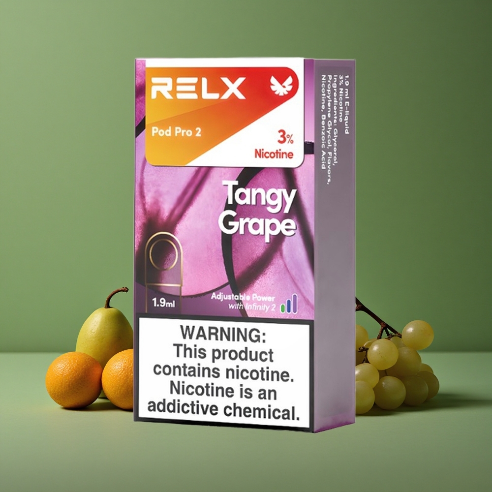 Syrlig Drue Relx Pod Pro 2 600 puff Nikotinindhold:3%, Dampekapacitet:1,9ml, Denmark vape
